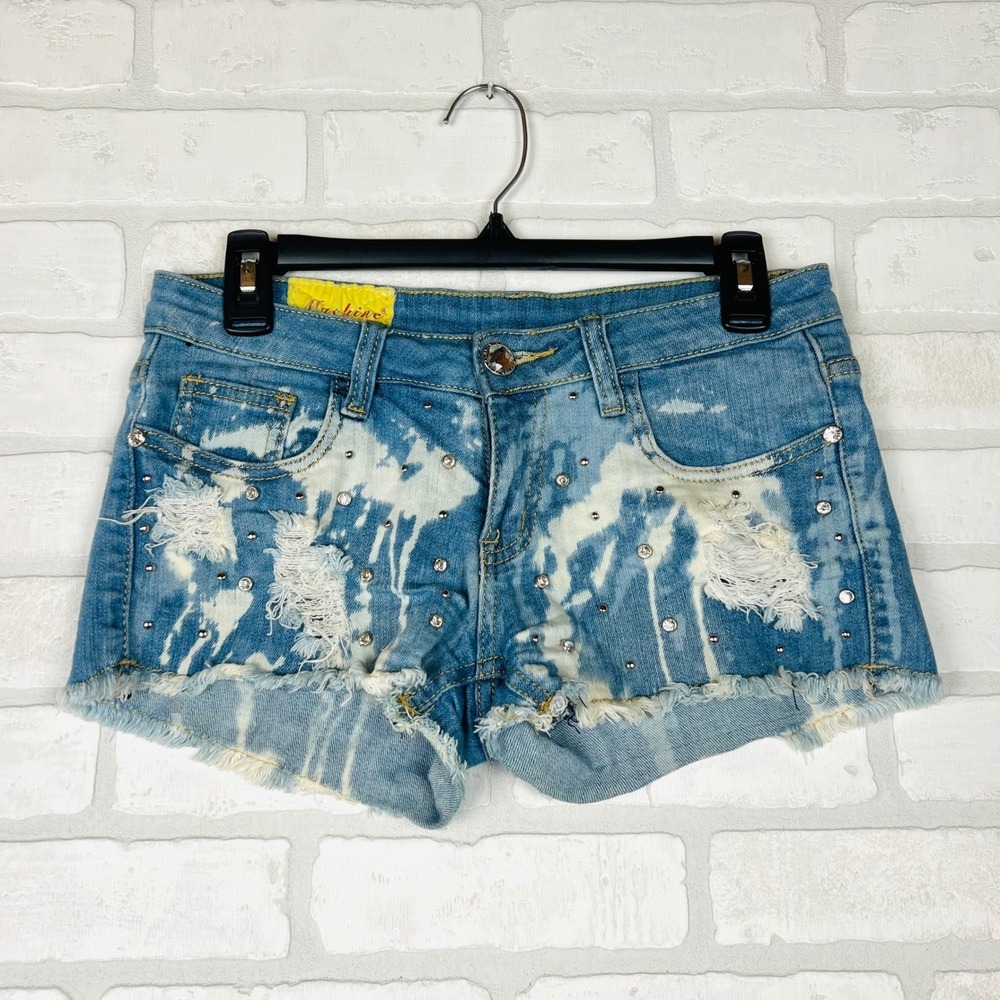 Machine Jeans Bleached Distressed Rhinestone Studded‎ Denim Shorts Blue Women M